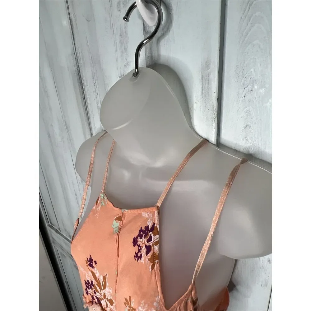 FREE PEOPLE PEACH WHITE FLORAL RAYON STRAPPY BOHO COTTAGE CRESCENT SLIP DRESS XS